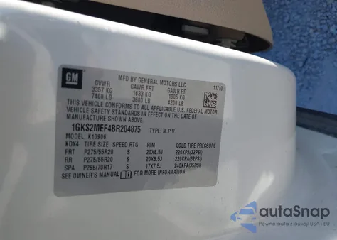 2011 GMC Yukon Xl 1500 Denali z USA, uszkodzony, nr VIN 1GKS2MEF4BR204875